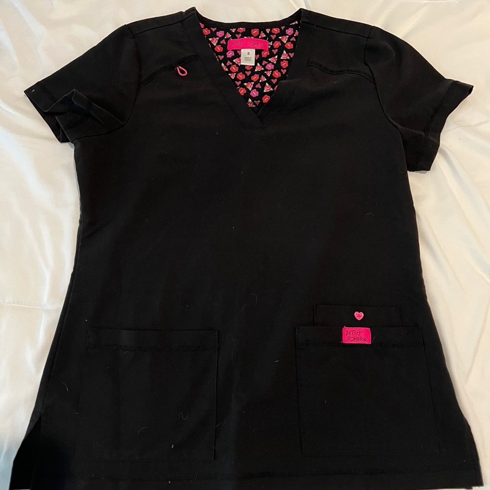 Betsey Johnson Black Scrub Top with Pink Accents